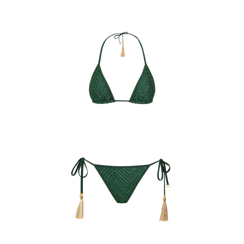 Hanne Bloch Emerald Green Metallic Chevron Tassel Bikini Set Size M NWT $390